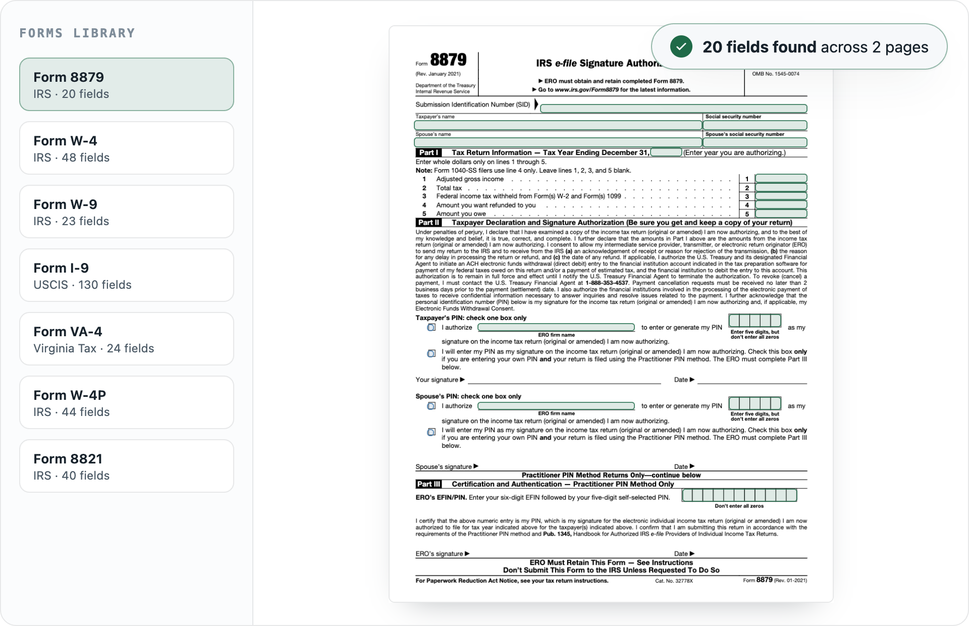 FinishTax field detection on Form 8879 — 20 fields found across 2 pages, placed on the page automatically