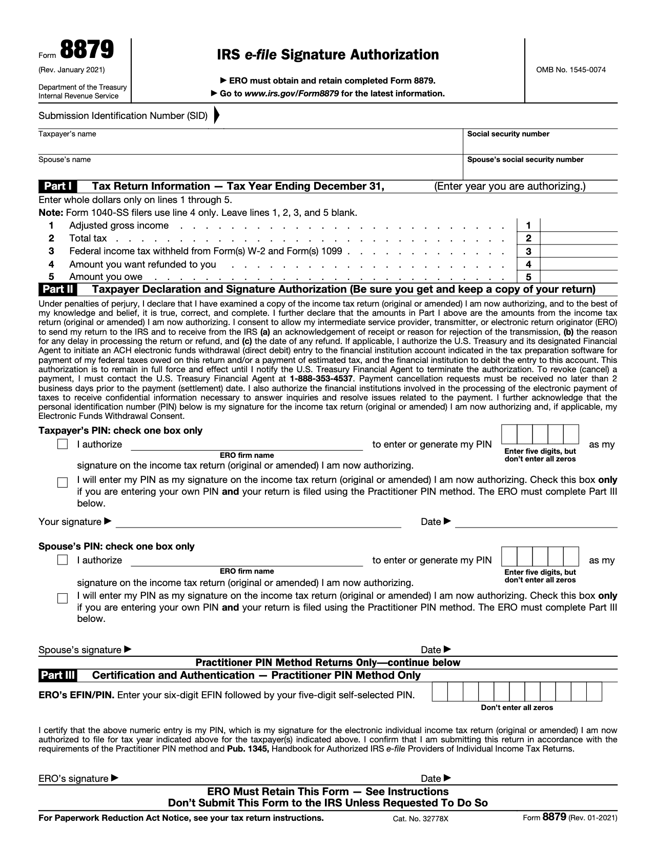 IRS Form 8879 (Rev. January 2021), page 1 — before field detection