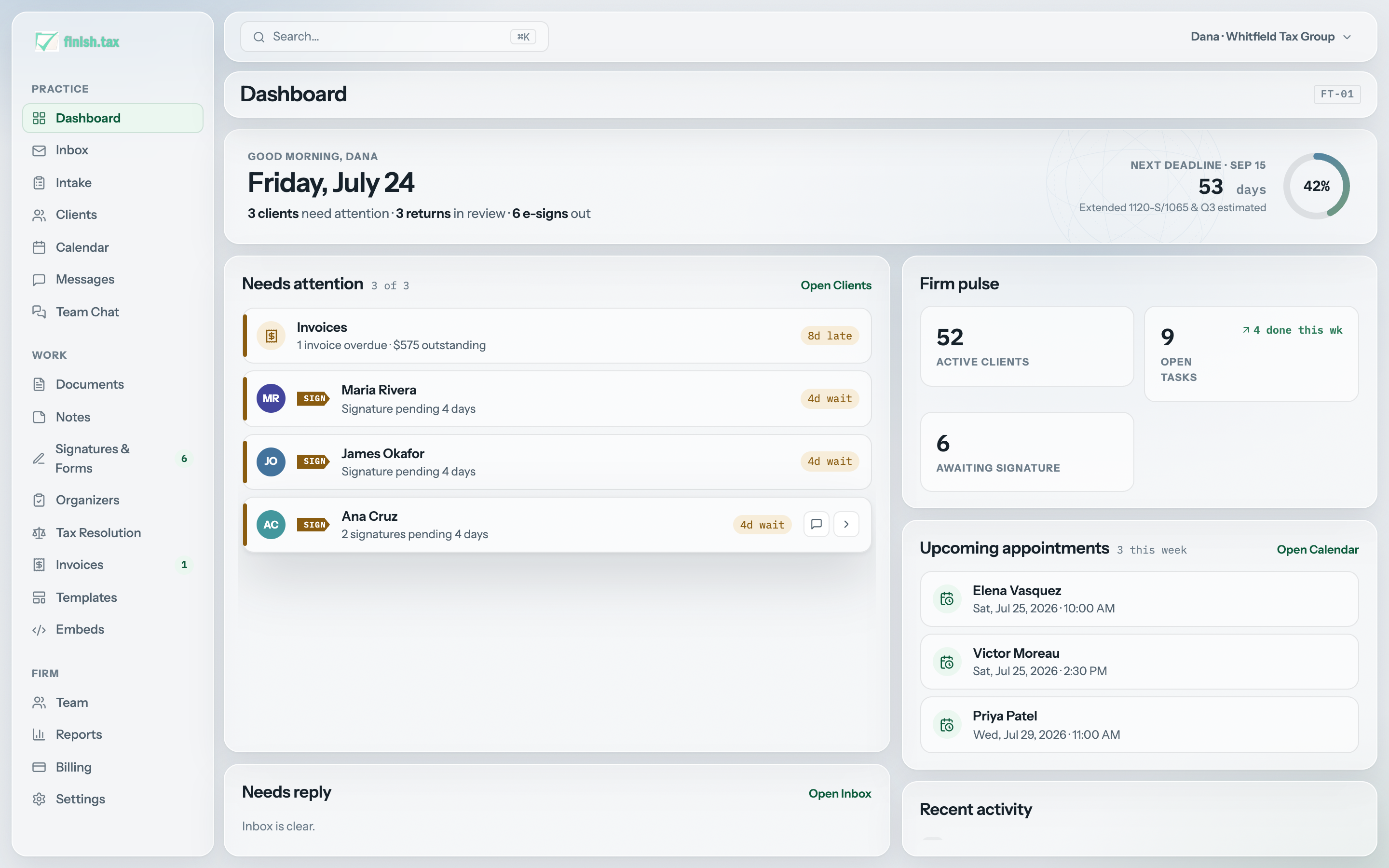 FinishTax dashboard with today's deadlines, pipeline summary, and revenue