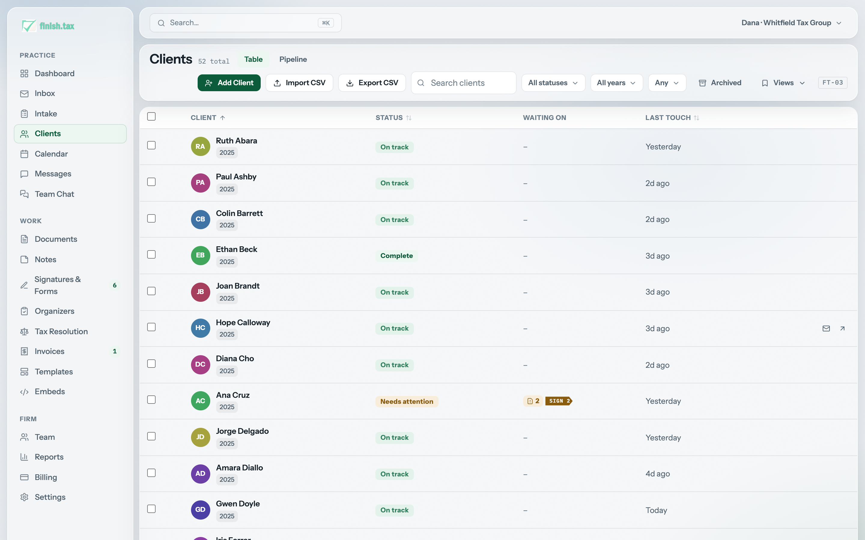 FinishTax clients view with pipeline stages, statuses, and deadlines for every client