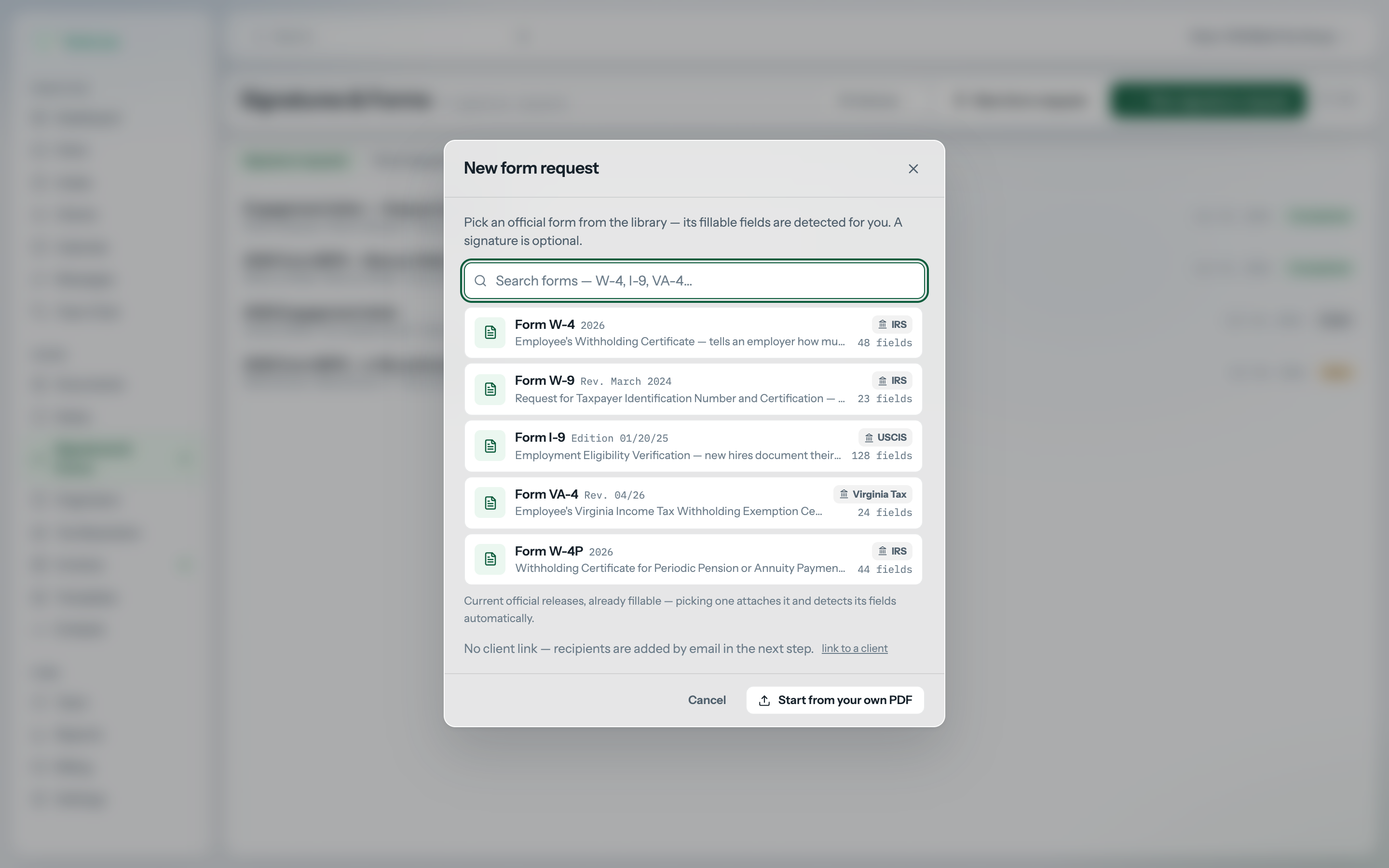 The FinishTax forms library picker with official tax forms ready to send