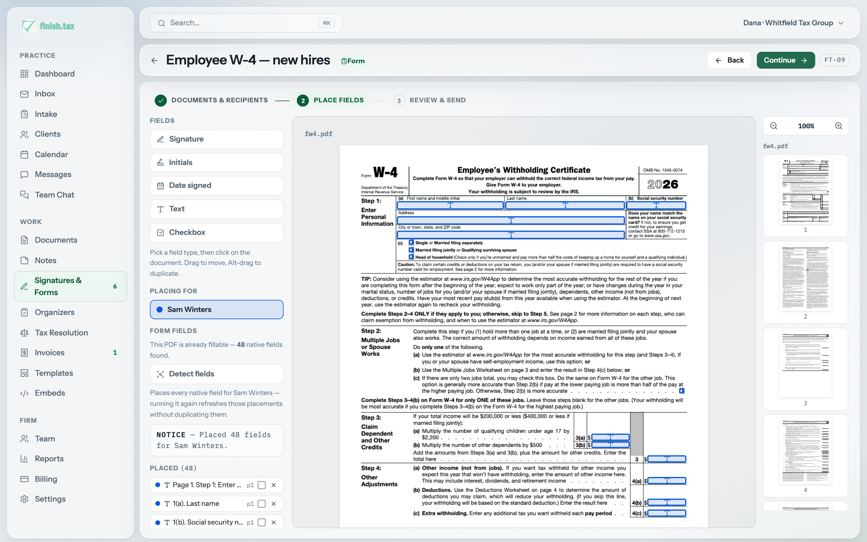 The FinishTax builder after automatic field detection placed a form's fillable fields with human-readable labels