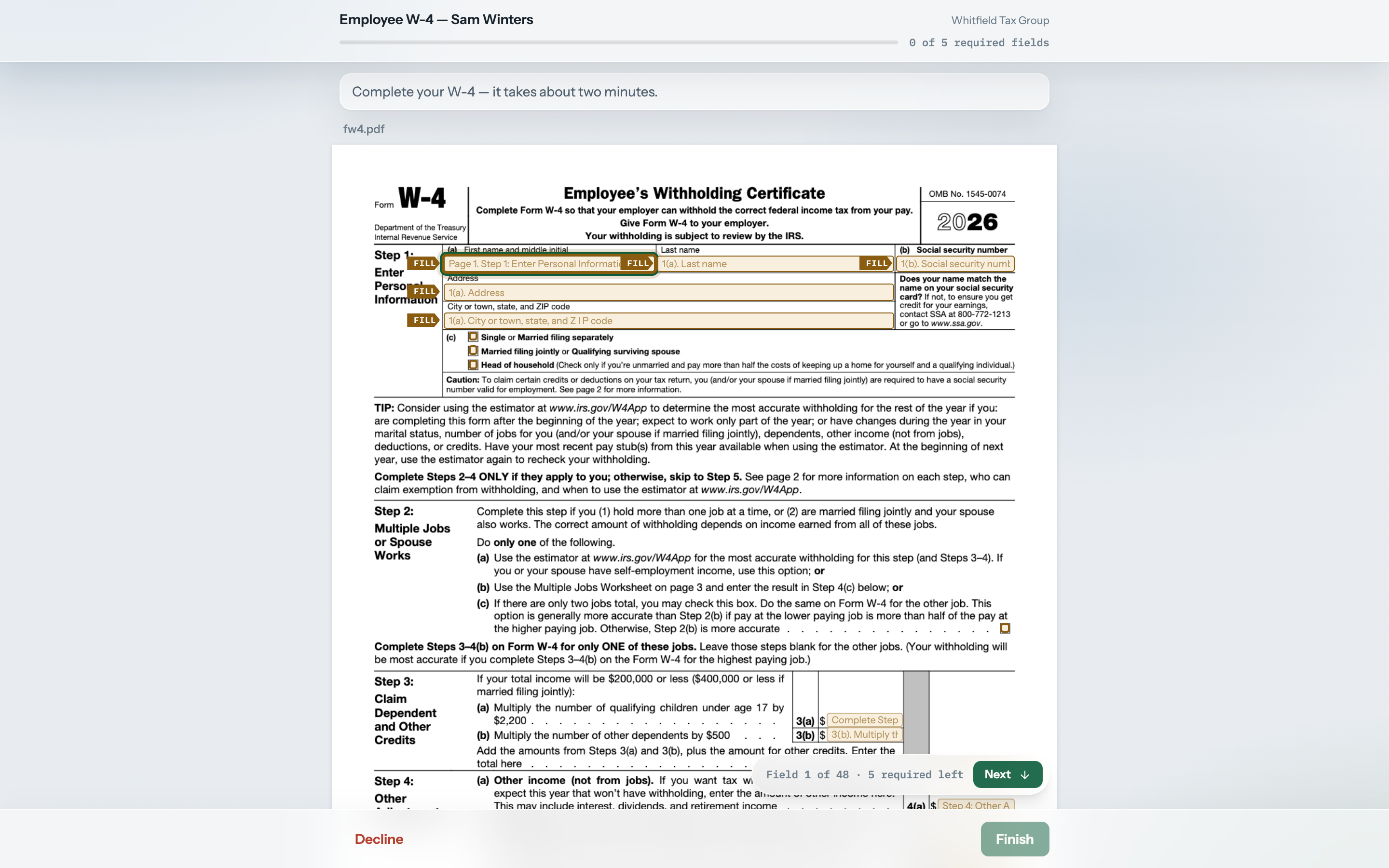 FinishTax guided signing walking a recipient field by field with the Start and Next controls