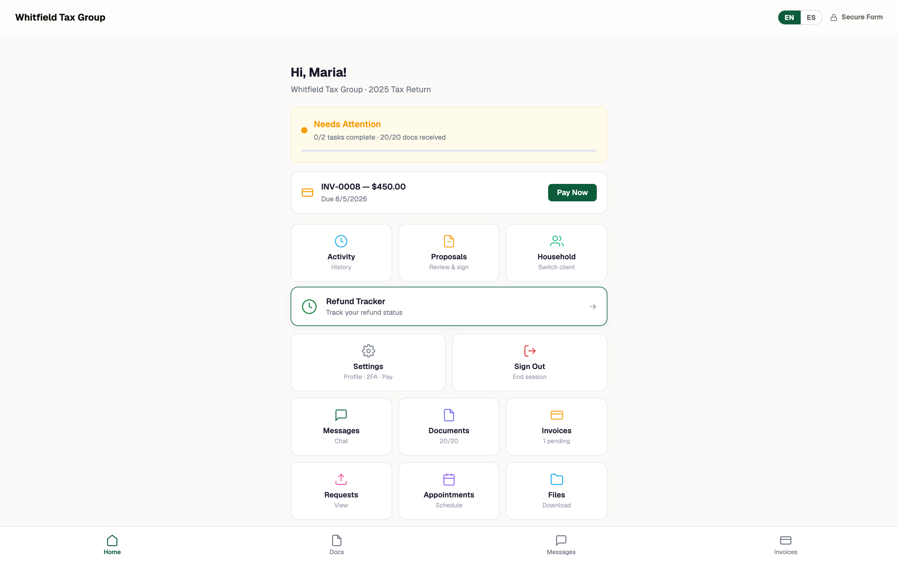 A FinishTax client portal branded with the firm's own logo and colors