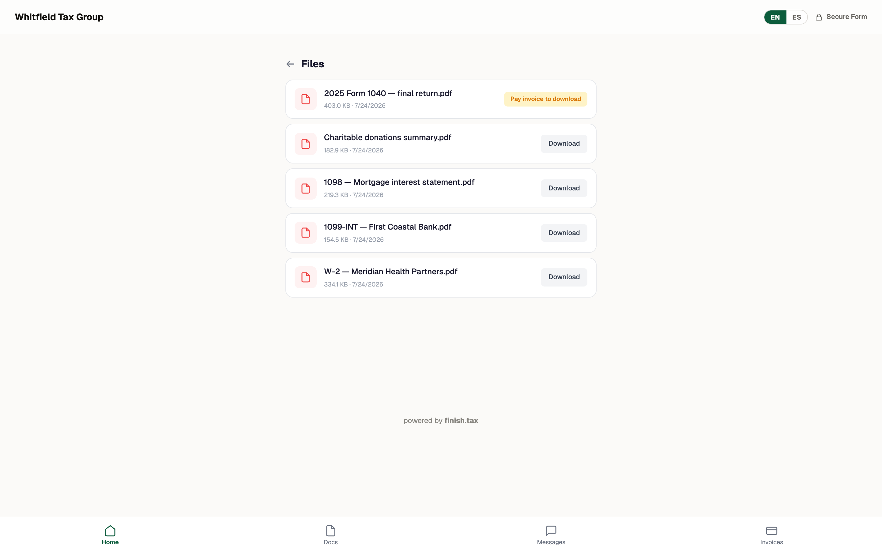 A FinishTax invoice with pay-to-download return delivery; the return unlocks when the invoice is paid
