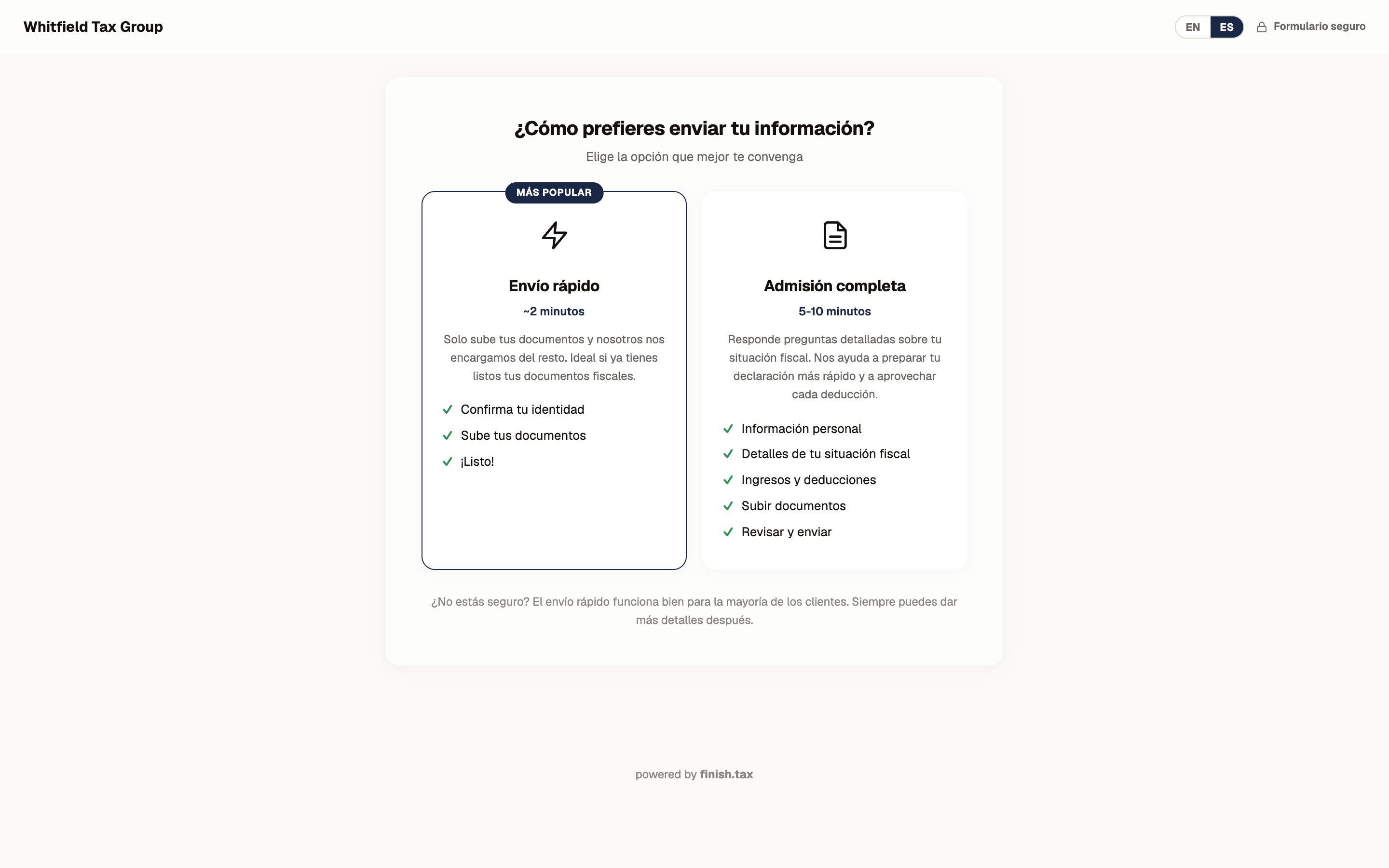 The firm-branded client intake portal fully translated into Spanish