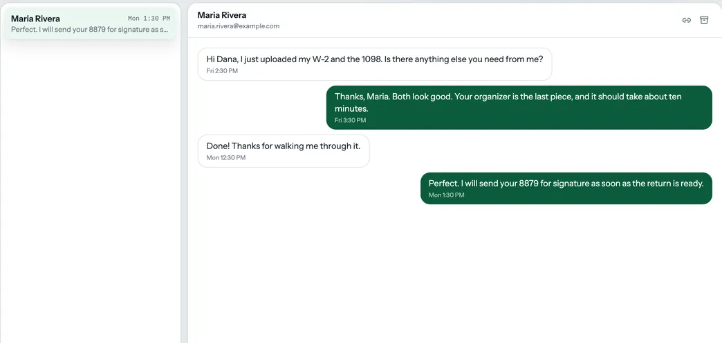 A secure message thread with a client