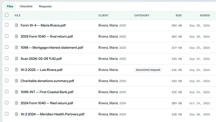 Maria's files in the Documents list: this year's, and her 2024 return and W-2, tagged 2024