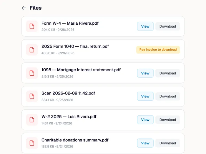 The client's files in the portal, with the final return locked until the invoice is paid