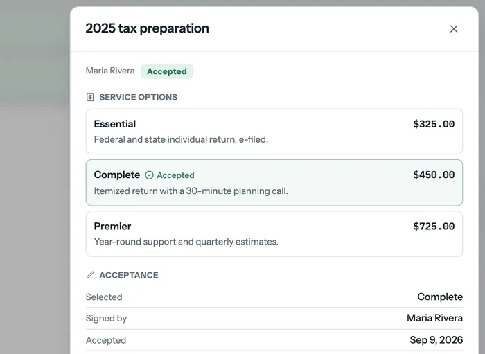 An accepted proposal: the Complete tier selected and signed by Maria Rivera