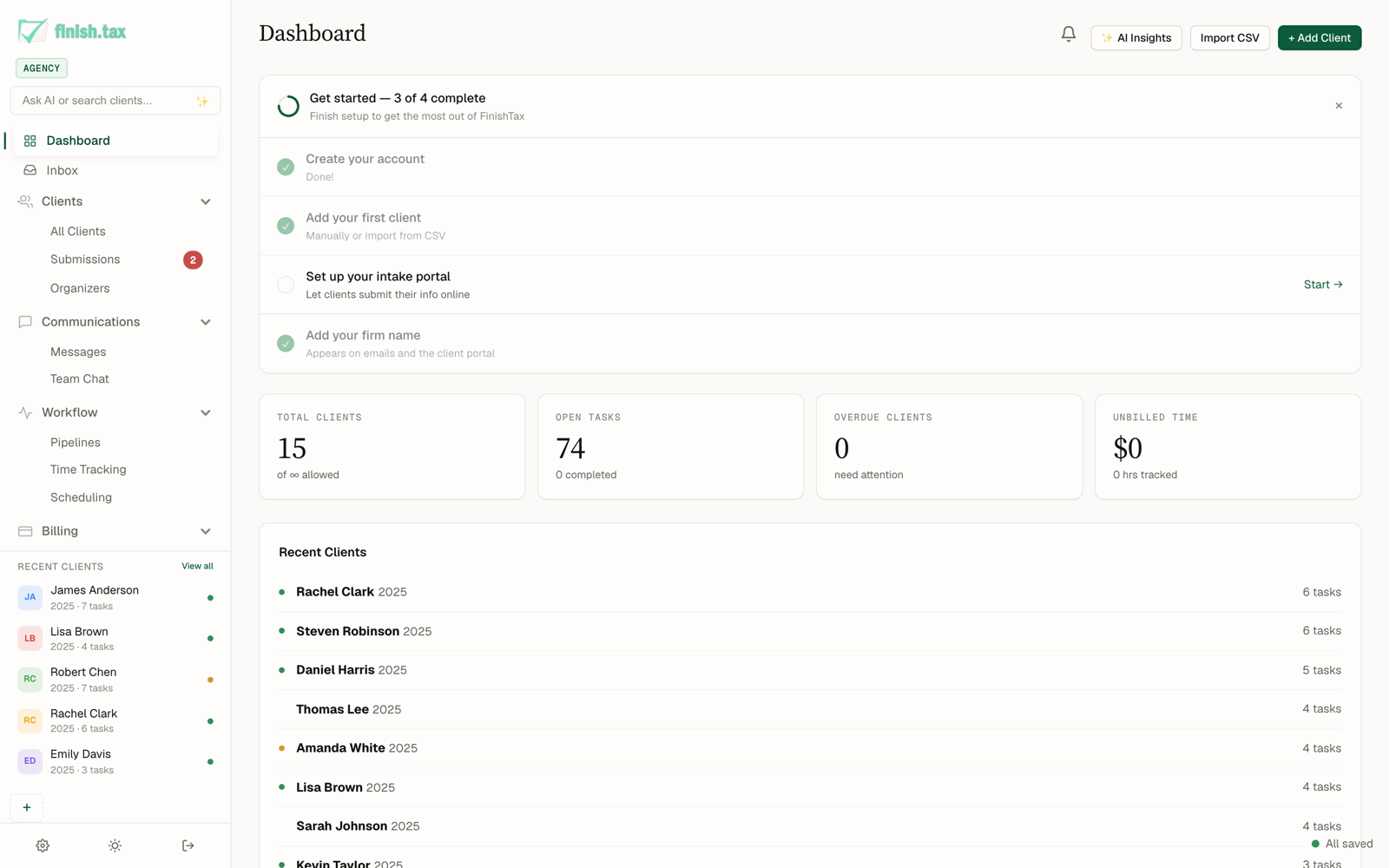 FinishTax preparer dashboard showing clients, open tasks, and deadlines